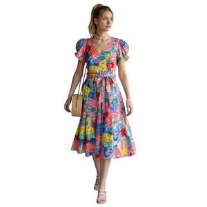Vtg Unbranded XXS Petite Floral Puff Sleeve 80s Midi Dress | 24" Waist Cottage
